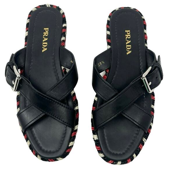 Prada Buckle Leather Espadrille Criss Cross Slide Sandal Size 39.5 - Picture 1 of 7